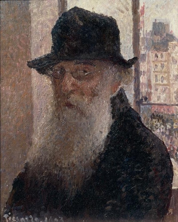 Camille Pissarro, Selbstbildnis Camille Pissarro (Brille,Herrenhut,Kopfbedeckung,Künstler,Kunst,Maler (Künstler),Mann,Alter,Impressionismus,Bart,Hut,Selbstbildnis,Portrait,Tag,Französische Kunst,Vollbart,Alter Mann,Jahrhundertwende,Weisse Haare,Brustbild)