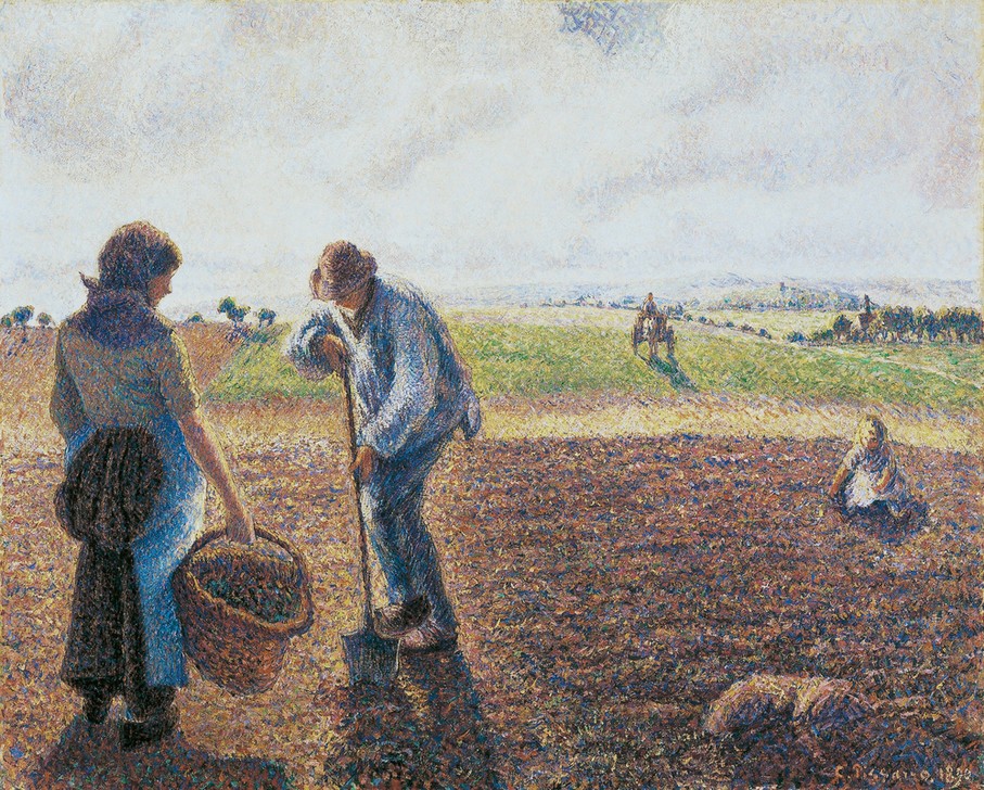 Camille Pissarro, Peasants in the field (Impressionismus,Feld,Korb,Spaten,Schmutz,Graben (Tätigkeit),Landwirtschaft)