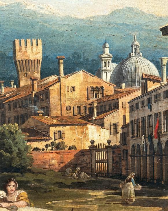 Bernardo Bellotto, Roman Capriccio with turreted walls  (Rom,  Genre, Alltag, Gebäude, Capriccio,  historisch, Malerei, Wohnzimmer, Wunschgröße, Klassiker, bunt)