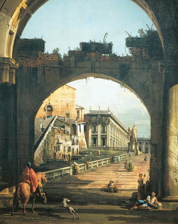 Bernardo Bellotto, Roman Capriccio with the Capito (Rom, Torbogen, Ruine, Reiter, Bettler, Alltag, Kapitol, Statue, Rossbändiger Pollux, Gebäude, Capriccio,  historisch, Malerei, Wohnzimmer, Wunschgröße, Klassiker, bunt)