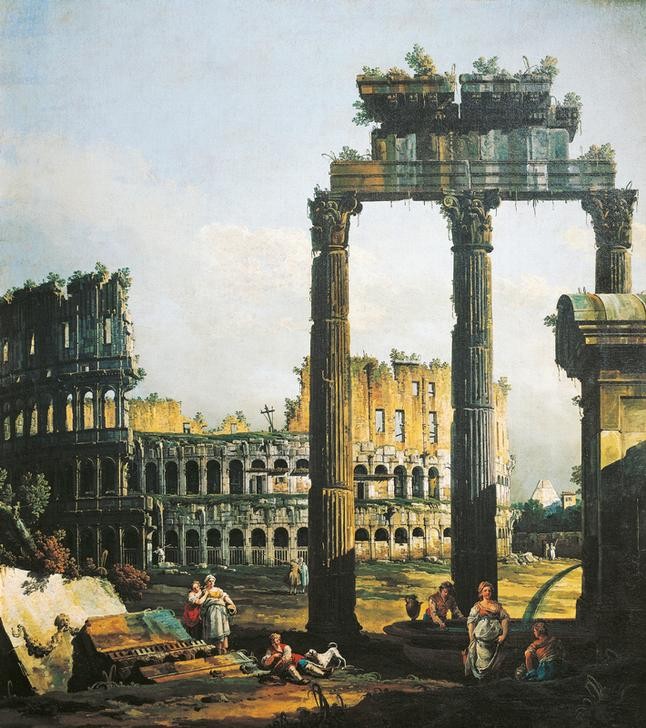 Bernardo Bellotto, Roman Capriccio with the Colosseum (Rom, Ruinen, Antike,  Collosseum, Gebäude, Alltagsszene, Capriccio,  historisch, Malerei, Wohnzimmer, Wunschgröße, Klassiker, bunt)