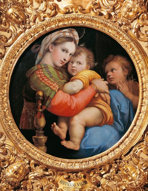 Raffael, Madonna of the Chair (Christentum,Familie,Religion,Renaissance,Schleier,Manierismus,Kreis,Barfuss,Heiliger)