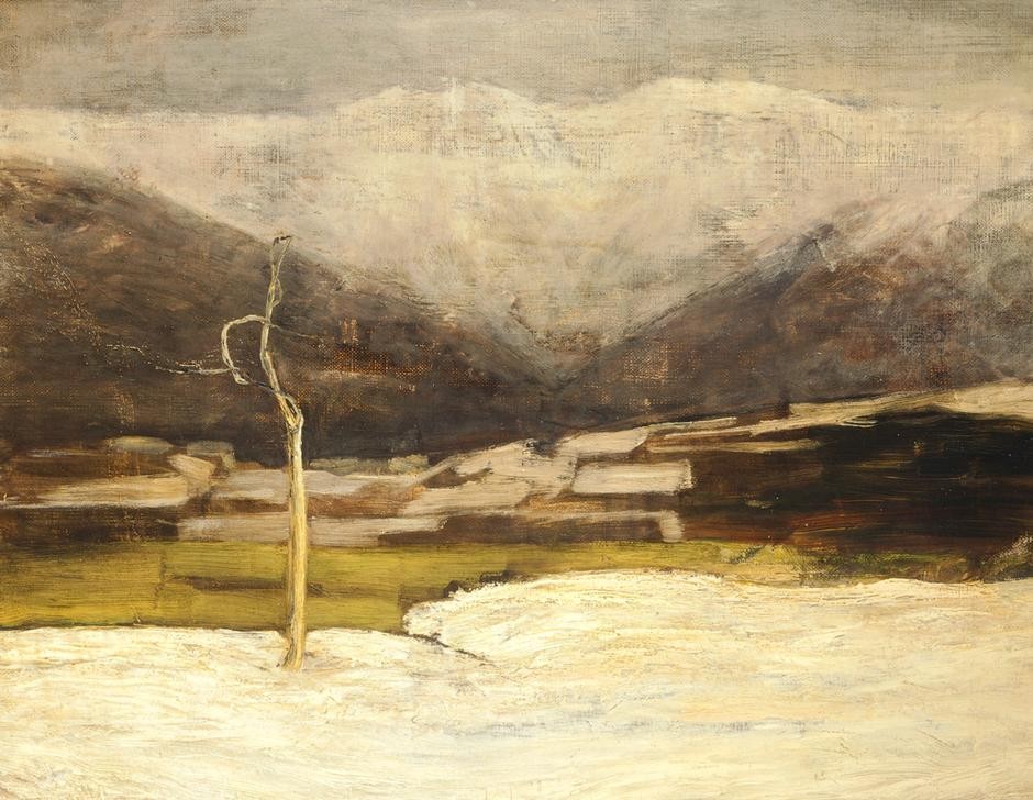 Giovanni Segantini, Savognino Landscape (Landschaften, Berge, Winter, kahler Baum, Trüb,  Realismus, Malerei, klassische Moderne, Wunschgröße, Wohnzimmer)