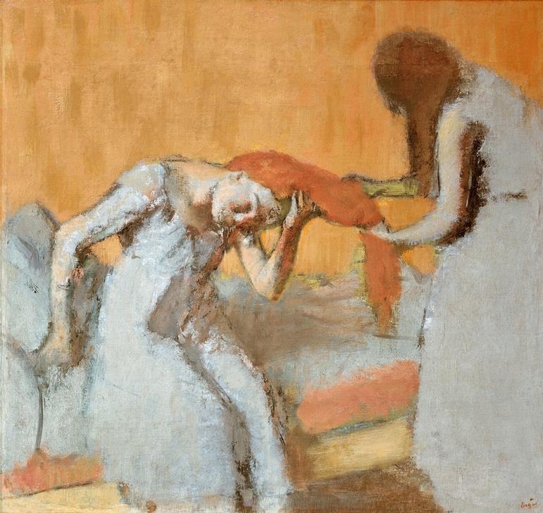 Edgar Degas, La coiffure (Körperpflege,Frau,Haarpflege,Kunst,Morgentoilette,Impressionismus,Französische Kunst,Rote Haare,Frauenleben,Langes Haar,Kammerjungfer,Haarekämmen)