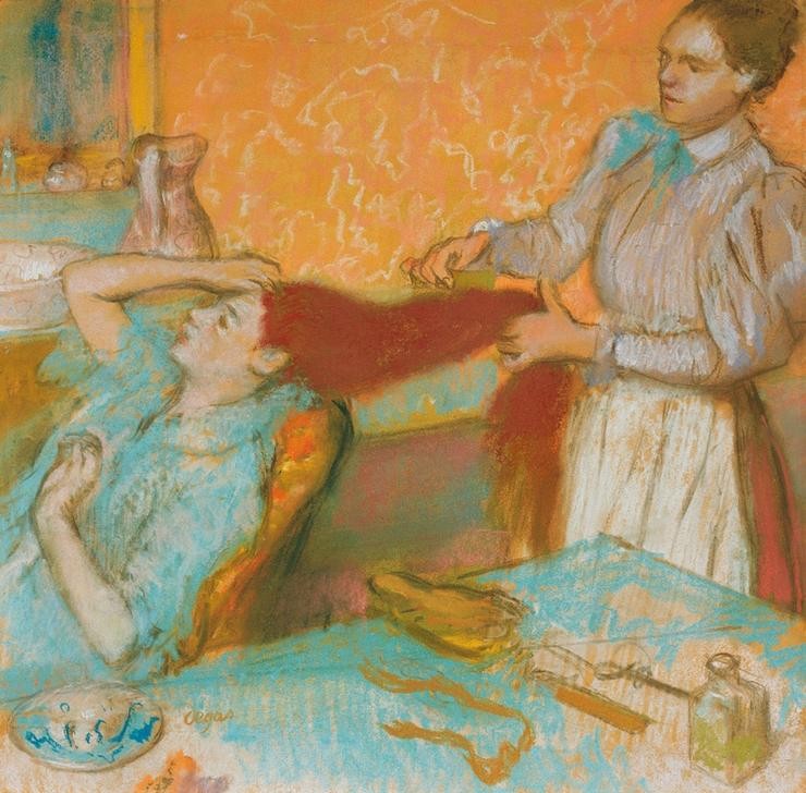 Edgar Degas, La coiffure (Körperpflege,Bad,Frau,Haarpflege,Morgentoilette,Tageszeiten,Morgen,Impressionismus,Frauenleben,Langes Haar,Kammerjungfer,Haarekämmen)