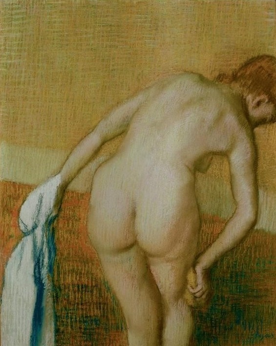 Edgar Degas, Rückenakt mit Handtuch und Schwamm (Frau, sich den rechten (Körperpflege,Bad,Frau,Impressionismus,Waschen,Akt,Po (Gesäss),Rückenakt,Französische Kunst,Handtuch,Schwamm,Badeschwamm)