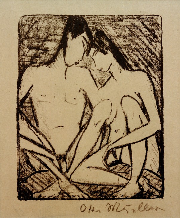 Otto Mueller, Sitzendes Liebespaar (Deutsche Kunst,Frau,Kunst,Liebe,Liebe Und Ehe,Liebespaar,Mann,Mensch,Akt,Expressionismus,Die Brücke,Nacktheit,Paar,Sitzen,Junge Frau,Ganzfigurig,Signatur,Junger Mann)