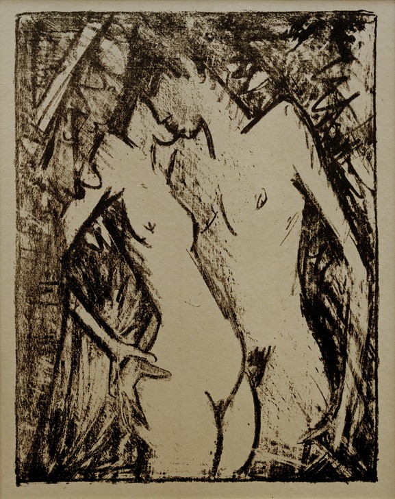 Otto Mueller, Stehendes nacktes Liebespaar (Deutsche Kunst,Frau,Kunst,Liebe,Liebe Und Ehe,Liebespaar,Mann,Mensch,Akt,Kuss,Expressionismus,Die Brücke,Nacktheit,Paar,Junge Frau,Kniestück,Junger Mann)