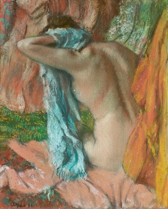 Edgar Degas, Nach dem Bad (Körperpflege,Bad,Frau,Impressionismus,Akt,Rückenakt,Französische Kunst,Handtuch,Abtrocknen,Sitzen)