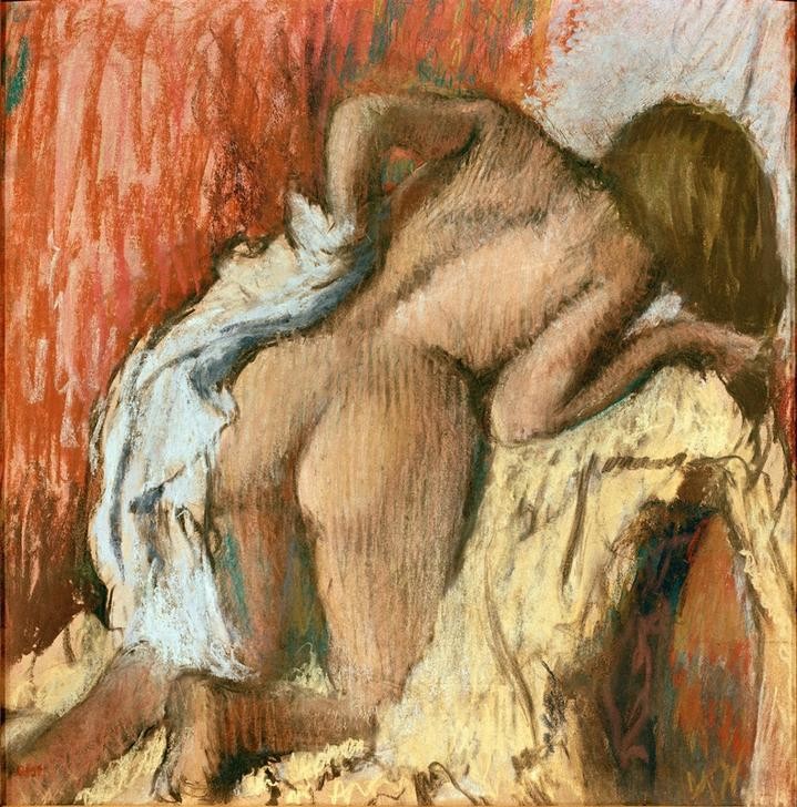 Edgar Degas, Sich abtrocknende Frau (Körperpflege,Bad,Frau,Impressionismus,Akt,Po (Gesäss),Rückenakt,Französische Kunst,Handtuch,Abtrocknen,Jahrhundertwende,Knien)