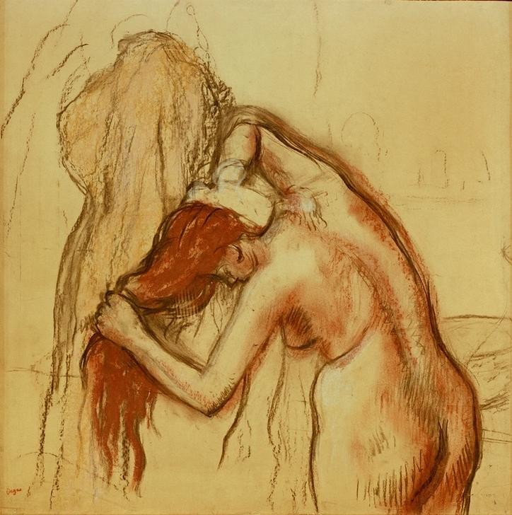 Edgar Degas, Sich abtrocknende Frau (Körperpflege,Bad,Frau,Impressionismus,Akt,Rückenakt,Französische Kunst,Rote Haare,Haare (Haar),Langes Haar,Abtrocknen,Jahrhundertwende)