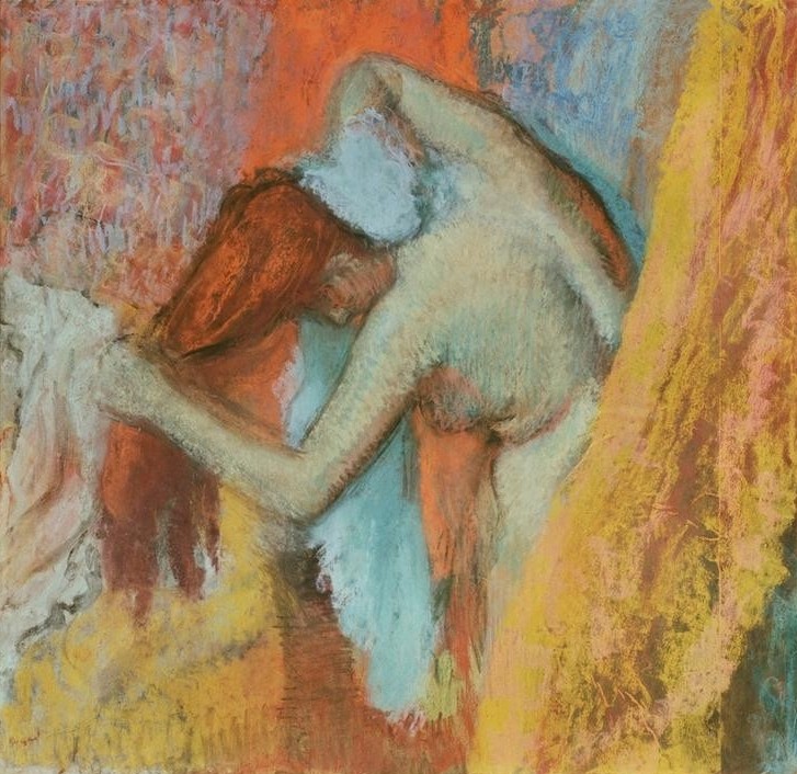 Edgar Degas, Frau bei der Toilette (Körperpflege,Bad,Frau,Morgentoilette,Impressionismus,Akt,Französische Kunst,Halbakt,Handtuch,Rote Haare,Haare (Haar),Langes Haar,Abtrocknen,Jahrhundertwende)