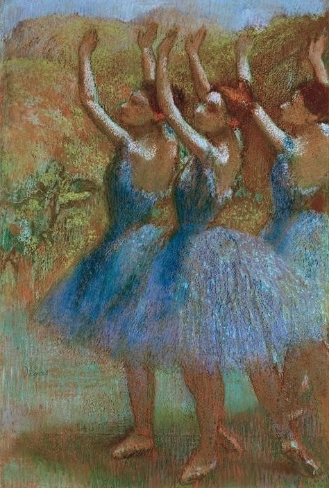 Edgar Degas, Drei Tänzerinnen in Blau (Ballett,Musik,Tänzerin,Tanz,Theater,Impressionismus,Französische Kunst,Pas De Trois,Blau,Corps De Ballet,Ballerina,Port De Bras)