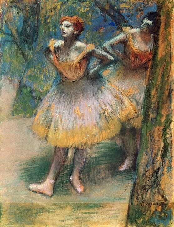 Edgar Degas, Zwei Tänzerinnen (Ballett,Musik,Tänzerin,Tanz,Theater,Impressionismus,Französische Kunst,Pas De Deux,Warten,Ballerina,Attitüde)