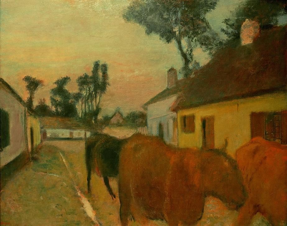 Edgar Degas, Heimkehr der Herde (Dorf,Rinderzucht,Rind,Tageszeiten,Abend,Impressionismus,Viehtrieb,Französische Kunst,Landwirtschaft)