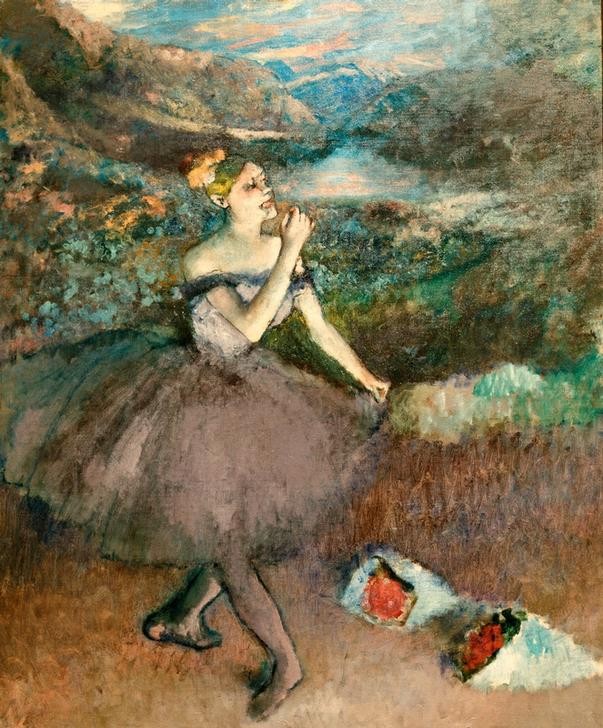 Edgar Degas, Tänzerin mit Blumensträußen (Ballett,Musik,Primaballerina,Tänzerin,Tanz,Theater,Impressionismus,Blumenstrauss,Französische Kunst,Knicks,Ballerina,Attitüde,Klatschen (Applaus))