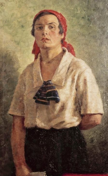 Georgy Georgievich Ryazhsky, Deputierte (EMANZIPATION, FRAU, Abgesandte, Menschen, REALISMUS, PORTRAIT, SOZIALISTISCHER REALISMUS, FRAU  BLUSE,POLITIK, HALBFIGUR, KOPFTUCH, Wunschgröße)