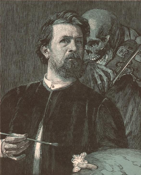 Arnold Böcklin, Selbstbildnis mit fiedelndem Tod (Selbstportrait, Bildnis, Maler, Farbpalette, Skull, Tod, Fiedel, Geige, Musik,  Skelett, Vanitas, Memento Mori, Allegorie, Symbolismus, Wunschgröße, Klassiker, Wohnzimmer, Studie, schwarz/weiß)