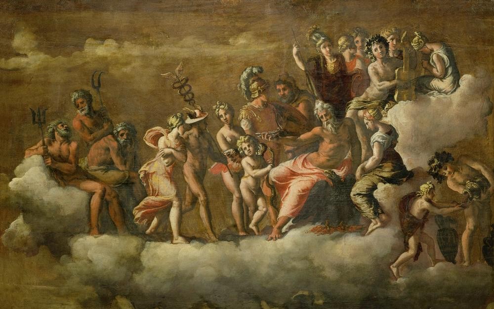 Caravaggio, Aufnahme Psyches in den Olymp (Berg, Götter, Zeus, Hermes, Liebe, Nymphe, Unsterblichkeit, Mythologie, Apotheose, Hell-Dunkel, Barock, Klassiker, Malerei, Wunschgröße, Wohnzimmer)