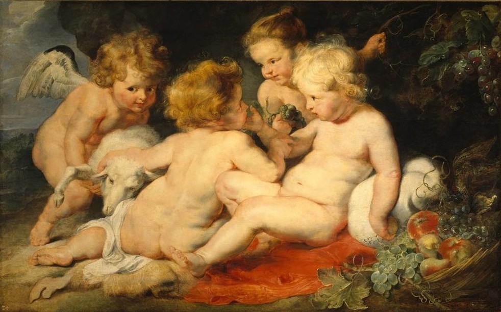 Peter Paul Rubens, Der kleine Jesus mit dem Johannesknaben und zwei Engeln (Christentum,Engel,Flämische Kunst,Freundschaft (Allgemein),Früchte,Kinderspiel,Kind,Kult,Kunst,Obst,Religion,Barock,Akt,Allegorie,Kleinkind,Neues Testament,Bibel,Putto,Kind Und Tier,Schaf,Niederländische Kunst,Jesusknabe,Weintraube,Lamm Gottes,Lamm,Kinder)