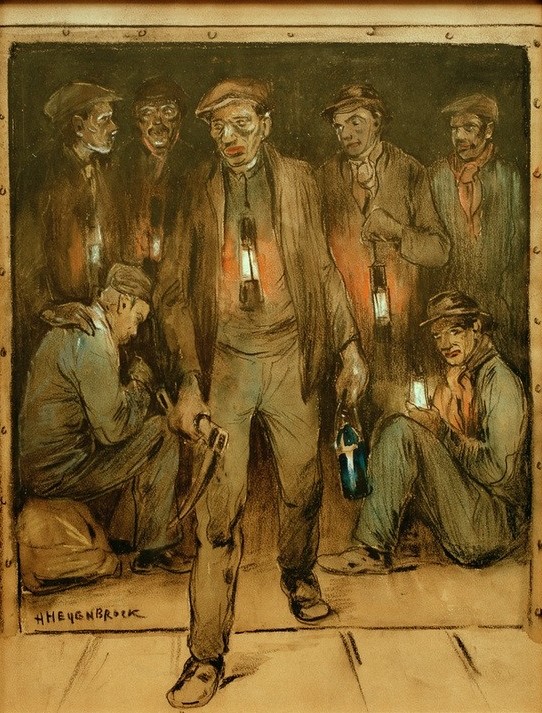 Herman Heijenbrock, Bergleute bei der Einfahrt (Arbeiter,Bergbau,Grubenlampe,Licht Und Beleuchtung,Technik,Niederländische Kunst,Pyrit)