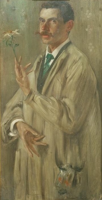 Lovis Corinth, Porträt des Malers Otto Eckmann (Deutsche Kunst,Künstler,Maler (Künstler),Mann,Impressionismus,Hand,Portrait,Gestik,Kniestück,Person,Arbeitskittel)