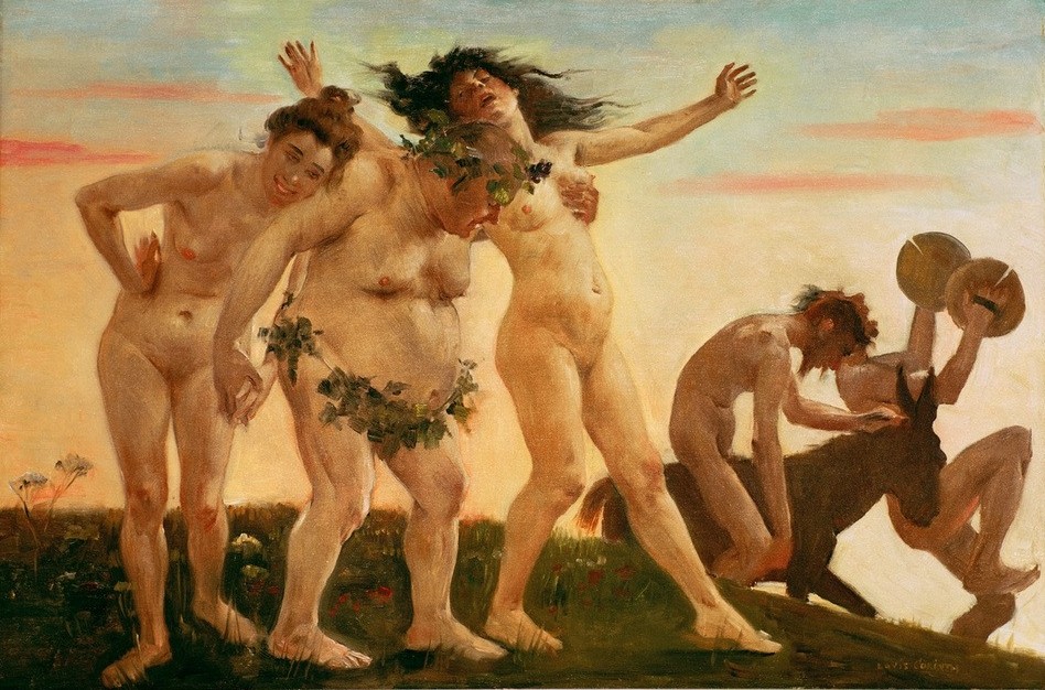 Lovis Corinth, Heimkehrende Bacchanten (Deutsche Kunst,Frau,Mythologie,Impressionismus,Akt,Alkoholismus,Bacchant,Betrunken,Thiasos,Bacchanal,Heimkehr,Bacchantin,Griechisch-Römische Mythologie)