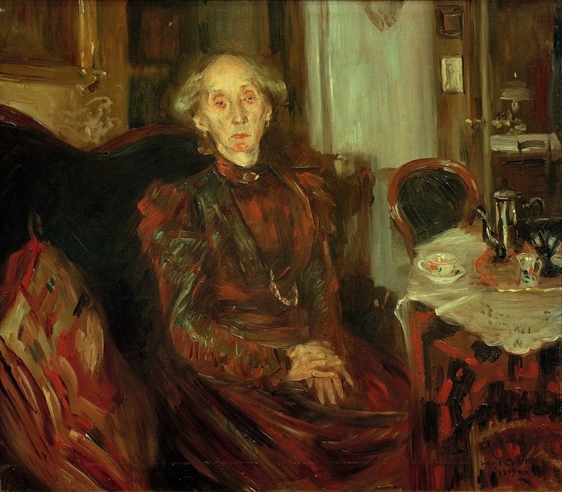 Lovis Corinth, Porträt der Mutter Rosenhagen (Deutsche Kunst,Frau,Kaffee,Mensch,Nachmittagskaffee,Alter,Impressionismus,Portrait,Mutter Von Berühmten,Interieur,Bürgertum,Dame,Kaffeekanne,Sitzen,Alte Frau,Trinkgeschirr,Bildungsbürger (F M),Kaffeetrinken,Tasse)