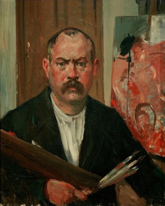 Lovis Corinth, Selbstporträt ohne Kragen (Deutsche Kunst,Grafiker,Künstler,Maler (Künstler),Mann,Impressionismus,Selbstbildnis,Portrait,Palette,Brustbild,Person)