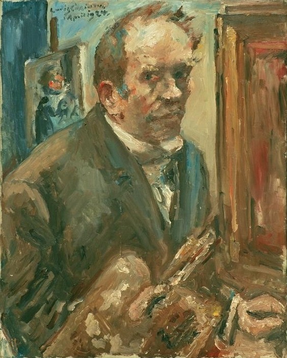 Lovis Corinth, Selbstbildnis mit Palette (Deutsche Kunst,Grafiker,Künstler,Maler (Künstler),Mann,Impressionismus,Selbstbildnis,Portrait,Palette,Halbfigur,Person)
