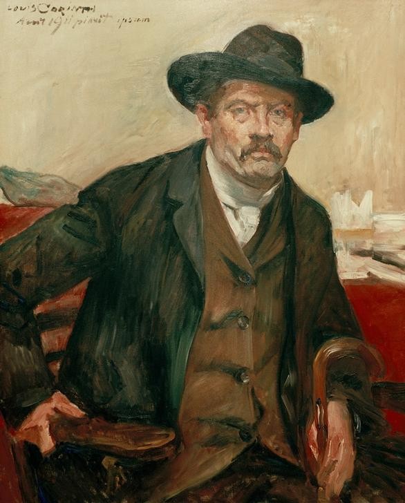 Lovis Corinth, Selbstporträt mit schwarzem Hut und Stock (Deutsche Kunst,Grafiker,Herrenhut,Künstler,Maler (Künstler),Mann,Impressionismus,Hut,Selbstbildnis,Portrait,Spazierstock,Halbfigur,Person)