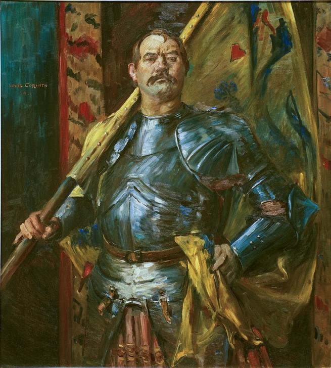 Lovis Corinth, Selbstporträt als Fahnenträger (Deutsche Kunst,Grafiker,Künstler,Maler (Künstler),Mann,Ritter,Rüstung (Schutzkleidung),Impressionismus,Selbstbildnis,Portrait,Fahnenträger,Portrait Historie,Person)