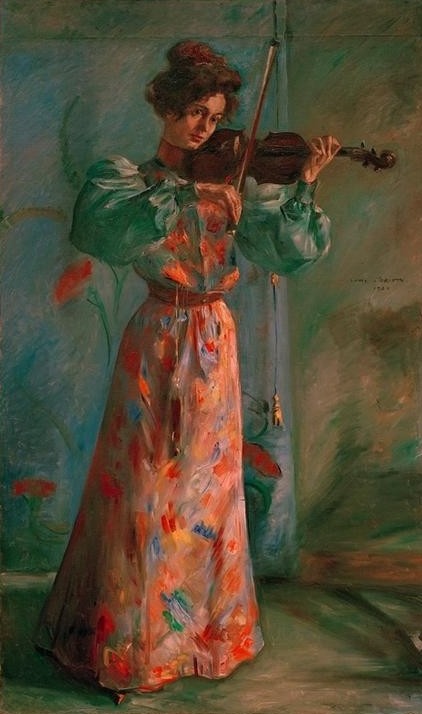 Lovis Corinth, Die Geigenspielerin (Ehefrau,Damenmode,Deutsche Kunst,Frau,Dichter,Kunst,Literatur,Mode,Musik,Saiteninstrument,Schönheit,Impressionismus,Geige,Instrument,Ehefrau Von Berühmten,Portrait,Vorhang,Kleid,Geigerin,Musikerin,Kleidung (Allgemein),Ärmel,Haarknoten,Puffärmel,Jahrhunder)