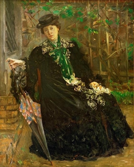 Lovis Corinth, Im schwarzen Mantel (Damenmode,Deutsche Kunst,Frau,Künstlerin,Malerin,Mantel,Impressionismus,Portrait,Künstlerfrau,Regenschirm,Sitzen,Ganzfigurig,Person,Schirm)