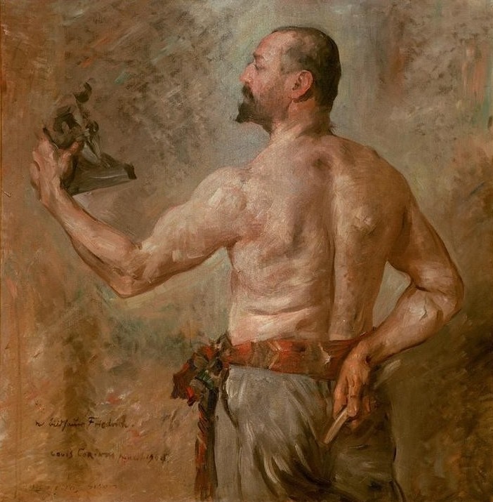 Lovis Corinth, Porträt des Bildhauers Friedrich (Bildhauer,Deutsche Kunst,Künstler,Mann,Impressionismus,Bild Im Bild,Portrait,Bild Und Betrachter,Rückenfigur,Halbakt,Betrachten,Profil,Kniestück,Person)