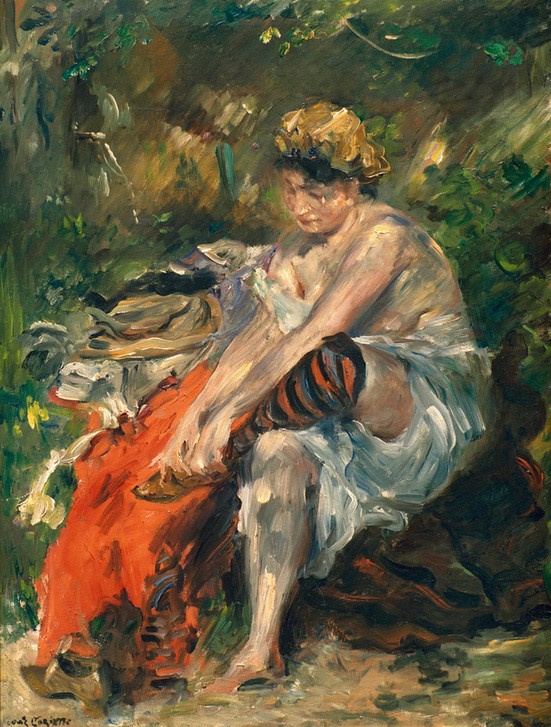 Lovis Corinth, Nach dem Bade (Körperpflege,Bad Im Freien,Bad,Deutsche Kunst,Frau,Strumpf,Impressionismus,Ankleiden,Damenstrumpf,Streifen)