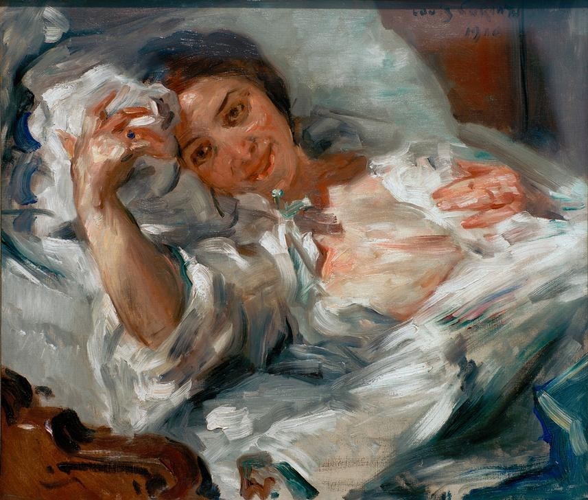 Lovis Corinth, Morgensonne (Bett,Deutsche Kunst,Erwachen,Frau,Tageszeiten,Morgen,Impressionismus,Ehefrau Von Berühmten,Portrait,Künstlerfrau,Glück,Lächeln,Schlafen (Schlaf),Person)