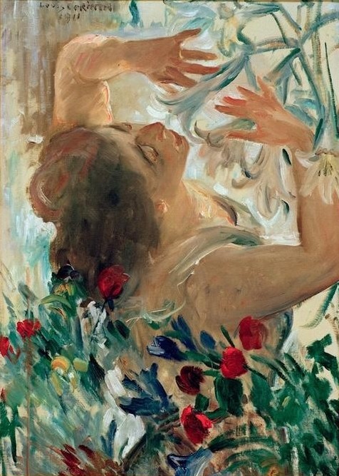 Lovis Corinth, Frau mit Lilien im Treibhaus (Deutsche Kunst,Frau,Lilie,Mensch,Gewächshaus,Impressionismus,Riechen,Sinne,Geruch,Blume)