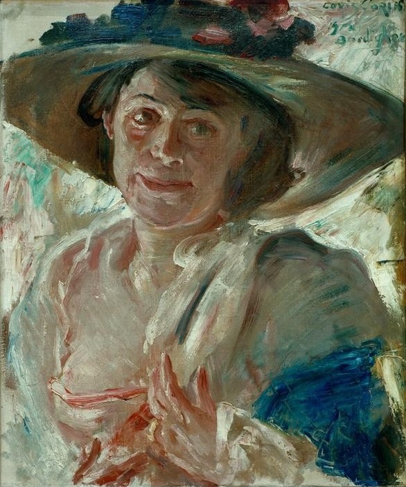 Lovis Corinth, Frau mit Rosenhut (Damenhut,Deutsche Kunst,Frau,Künstlerin,Malerin,Impressionismus,Hut,Portrait,Künstlerfrau,Lächeln,Brustbild,Person)