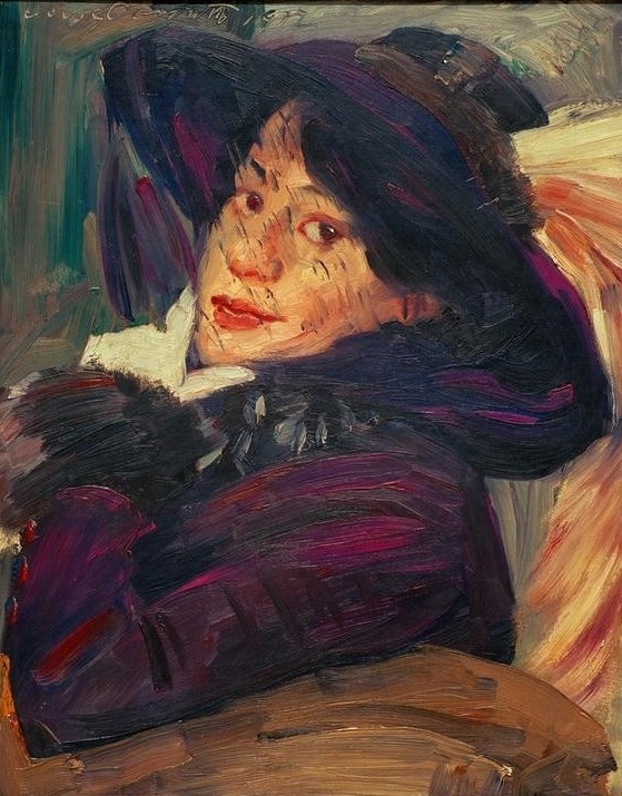 Lovis Corinth, Frau mit lila Hut (Damenhut,Deutsche Kunst,Frau,Malerin,Impressionismus,Hut,Ehefrau Von Berühmten,Portrait,Künstlerfrau,Person)