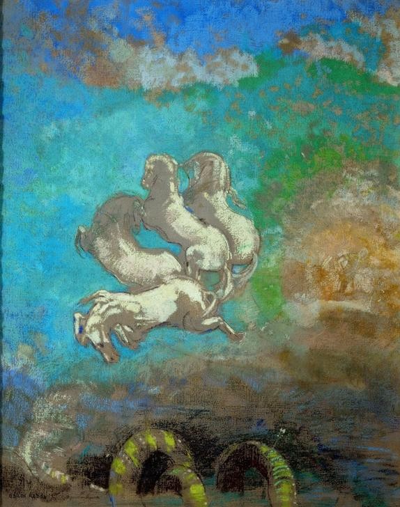 Odilon Redon, Le char d’Apollon (Griechische Kunst,Krieg,Kunst,Mythologie,Pferd (Tier),Pferdewagen,Wetter,Sonne,Symbolismus,Surrealismus,Quadriga,Streitwagen,Französische Kunst,Götter,Gespann,Tier,Gott,Sonnenschein,Sonnenwagen,Griechisch-Römische Mythologie)