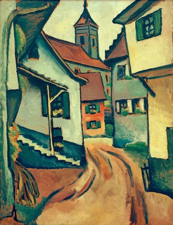 August Macke, Straße mit Kirche in Kandern (Architektur,Deutsche Kunst,Geographie,Kirche,Kleinstadt,Stadtansicht,Topographie)