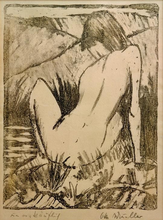 Otto Mueller, Olympia (Sitzender Rückenakt vor Dünen) (Deutsche Kunst,Frau,Kunst,Landschaft,Mensch,Akt,Expressionismus,Rückenakt,Rückenfigur,Düne,Die Brücke,Im Freien (Allgemein),Nacktheit,Sitzen,Junge Frau,Ganzfigurig,Signatur)