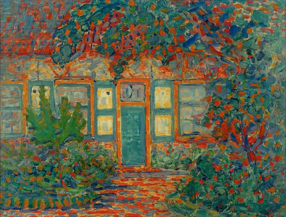 Piet Mondrian, HUISJE BIJ ZON (Haus,Kunst,Fauves,Architekturdarstellung,Niederländische Kunst,Sonnenlicht,Sonnenschein,Kate,Garten)