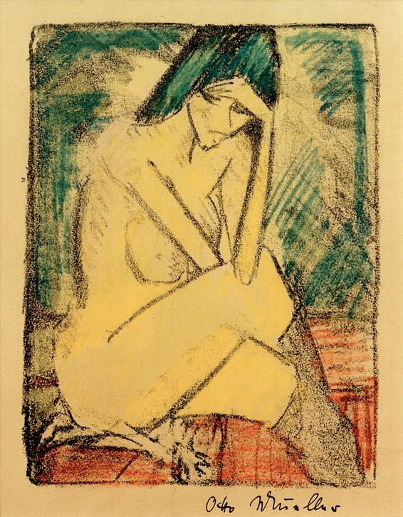 Otto Mueller, Sitzende in Strümpfen (Melancholie) (Deutsche Kunst,Frau,Kunst,Mensch,Psychologie,Strumpf,Akt,Depression,Melancholie,Expressionismus,Die Brücke,Nacktheit,Halbakt,Traurigkeit,Frauenleben,Sitzen,Junge Frau,Gefühl (Stimmung),Kopf Stützen,Kniestück,Körperhaltung,Beine (Übereinandergeschlagen),Ne)