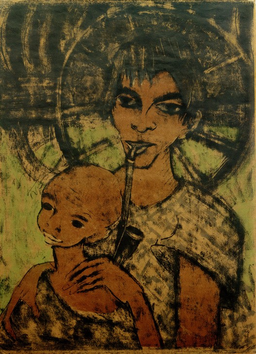 Otto Mueller, Zigeunermadonna (Zigeunerin mit Kind vorm Wagenrad) (Deutsche Kunst,Frau,Kind,Kunst,Mensch,Mutter Und Kind,Rad,Völkerkunde,Pfeife (Tabak),Selbstbildnis,Maria Mit Kind,Portrait,Expressionismus,Mutter Und Sohn,Die Brücke,Knabe,Zigeunermadonna,Zigeunerin,Brustbild,Halbfigur,Raucherin,Sinti Und Roma,Land Und Le)