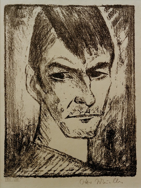 Otto Mueller, Selbstbildnis nach rechts II (Deutsche Kunst,Grafiker,Künstler,Kunst,Maler (Künstler),Mann,Selbstbildnis,Portrait,Expressionismus,Die Brücke,Kopf,Blick Aus Dem Bild,Halbprofil,Person,Signatur)