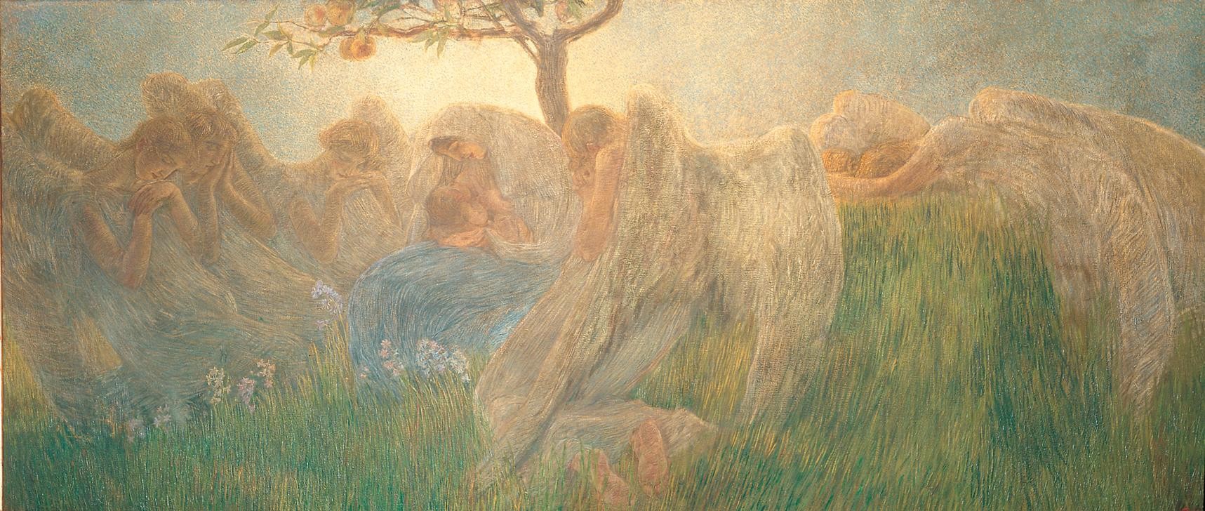 Gaetano Previati , Mutterschaft (Liebe, Mutterliebe, Säugen, Baby, Kind, Heilige, schlafende Engel, Symbolismus, Divisionismus, Zärtlichkeit, Sohn, Schlafzimmer, Wohnzimmer, Wunschgröße)