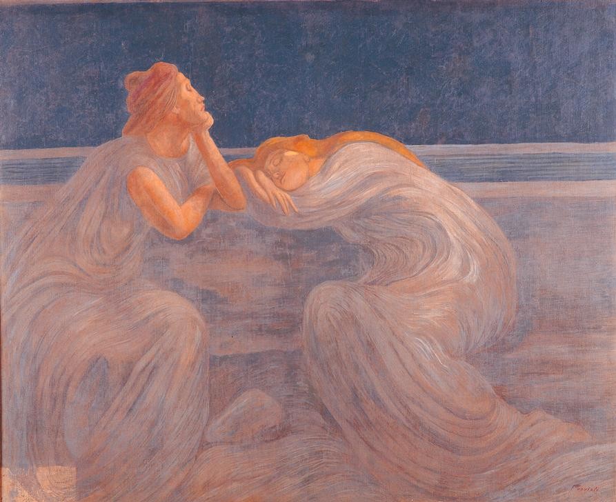 Gaetano Previati ,  Noturno (Schlafendes Paar, Mondlicht, Nachtszene, Symbolismus, Malerei, Klassische Moderne, Wunschgröße, Wohnzimmer, Schlafzimmer)