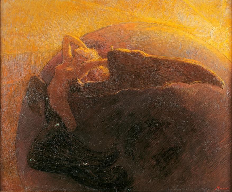 Gaetano Previati, The golden sun awakens the moon (Ekstase (Verzückung),Frau,Jugend (Lebensalter),Mond,Öl,Sonne,Nacht,Symbolismus,Allegorie,Italienische Kunst,Tag,Divisionismus,Personifizierung,Flügel (Schwinge))